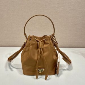 PRADA BUCKET BAG 19 IN RUSSET BROWN RE-NYLON AND CALFSKIN HANDLE