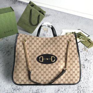 Gucci Brown Large GG Canvas 1955 Horsebit Chain Tote Beige