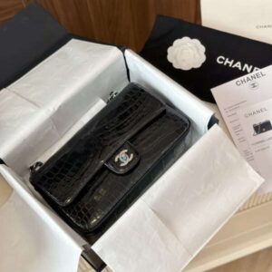 Chanel Classic Crocodile Skin Like Auth Black Full Box With Lock Silver 25cm