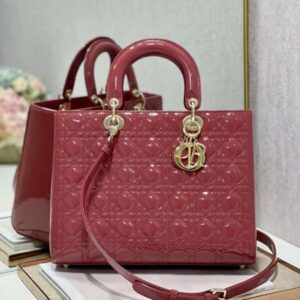 Dior Lady Replica 11 Women's Handbag Red Glossy Leather Gold Lock 32cm