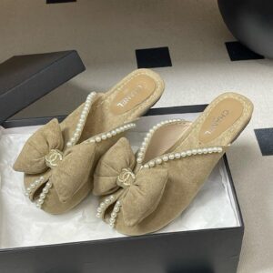 “Chanel replica pearl bow mules beige women replica shoes designer mules”