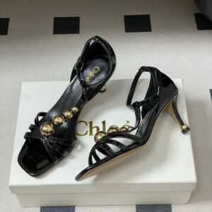 “Chloe replica strappy heels black gold women replica shoes designer heels”