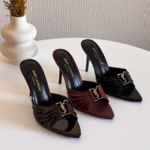 Saint Laurent Opyum Style Pleated Mule Heels – Burgundy & Black Patent Finish