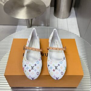 LV Women White Canvas Multicolor Print Leather Strap Flats