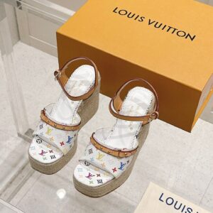 LV Women White Leather Multicolor Print Wedge Sandals