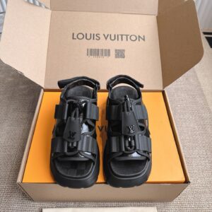 LV Women Black Leather Sporty Sandals