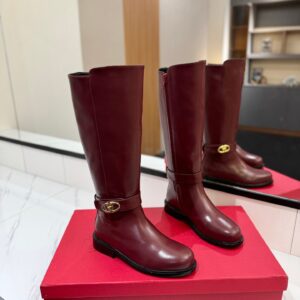 Valentino Women Burgundy Leather Knee High Boots