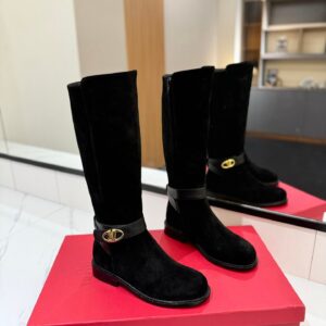 Valentino Women Black Suede Leather Strap Boots