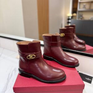 Valentino Women Burgundy Leather Ankle Boots