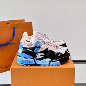 LV Men Blue Pink Black Leather Sneakers