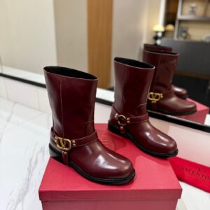 Valentino Women Burgundy Leather Mid-Calf Boots