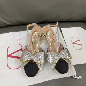 Valentino Women Black Silver Leather Bow Slingback Flats