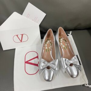 Valentino Women Silver Leather Bow Detail Flats