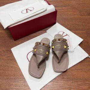 Valentino Women Taupe Leather Studded Sandals