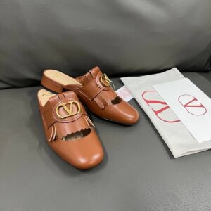 Valentino Women Brown Leather Fringe Mules