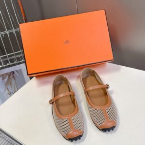 Hermes Women Beige Leather Mesh Mary Jane Flats