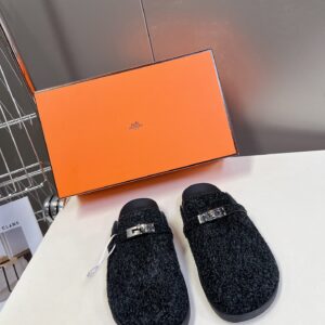 Hermes Women Black Fuzzy Fabric Mules