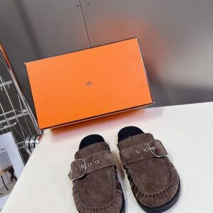 Hermes Women Brown Suede Buckle Mules