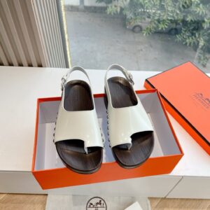 Hermes Women White Leather Wooden Sole Sandals