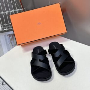 Hermes Women Black Leather Suede Sandals