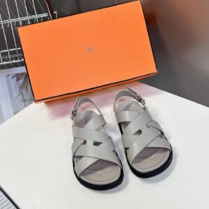 Hermes Women Light Gray Leather Sandals