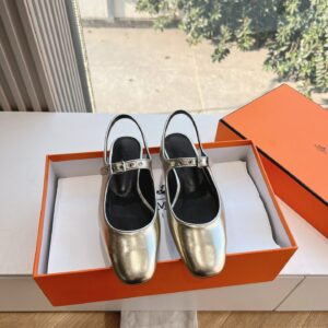 Hermes Women Silver Leather Mary Jane Heels