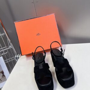Hermes Women Black Suede Slingback Sandals