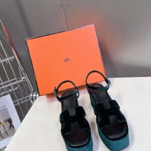 Hermes Women Dark Green Velvet Sandals