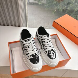 Hermes Women Black White Canvas Sneakers