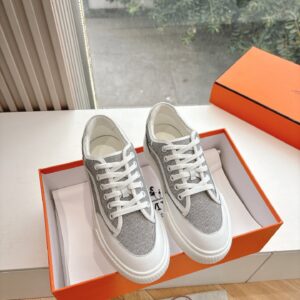 Hermes Women White Gray Mesh Canvas Sneakers