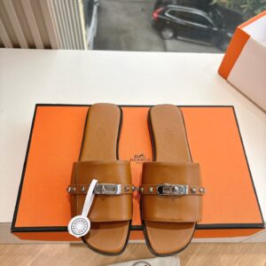 Hermes Women Brown Leather Slide Sandals