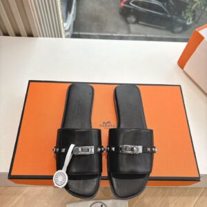 Hermes Women Black Leather Slide Sandals