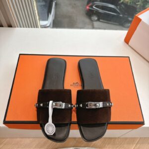 Hermes Women Dark Brown Suede Leather Strap Mules