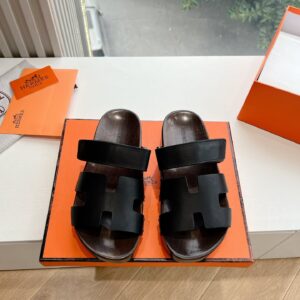 Hermes Women Black Leather Strap Sandals