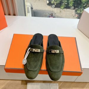 Hermes Women Green Suede Mules