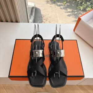 Hermes Women Black Leather Strappy Sandals