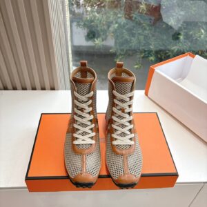 Hermes Women Beige Mesh And Brown Leather Sneakers
