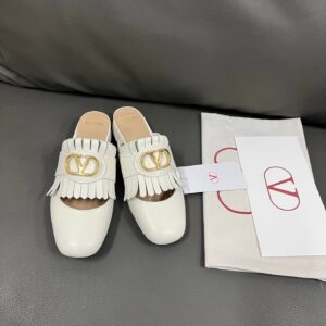 Valentino Women White Leather Fringe Mules
