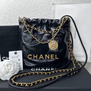 Chanel 22 Mini Hobo Handbag in Black Shiny Calfskin with Pearls